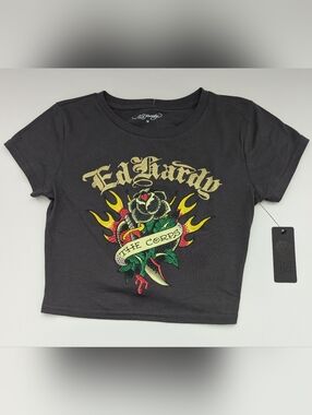 NWT Ed Hardy Jr. Ladies (M) Grey Cropped T-Shirt w/Graphics/Rhinestones/Glitter